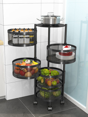 可旋转厨房蔬菜置物架多层落地式圆形放菜架家用圆柱形收纳菜篮子