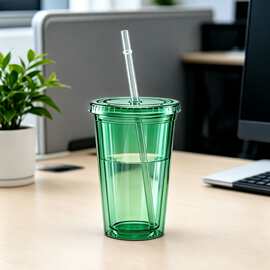 创业摆摊货源 450ml 双层隔热透明塑料吸管杯手打油柑柠檬茶专用