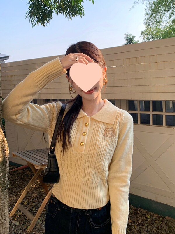 韩系学院风麻花毛衣女秋季2025新款气质正肩翻领套头短款针织上衣|undefined