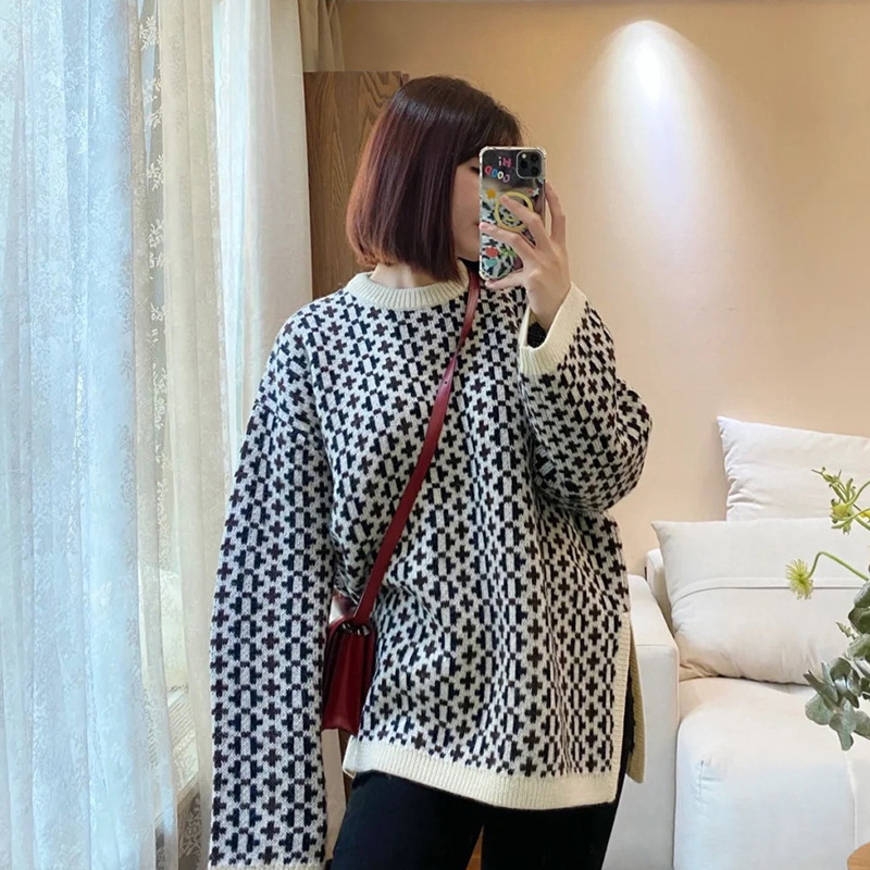 Swedish Niche Autumn and Winter Norwegian Cross Pattern Irregular Sweater Hem Slit Loose Wool Sweater for Women Swedish Niche Autumn and Winter Norwegian Cross Pattern Irregular Sweater Hem Slit Loose Wool Sweater for Women