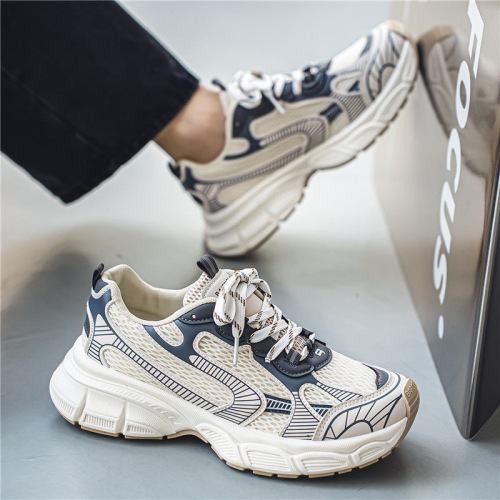 Spring Men's Breathable Mesh Sports Shoes, Trendy and Versatile, Thick Sole, Non-Slip, Casual Running Dad Shoes