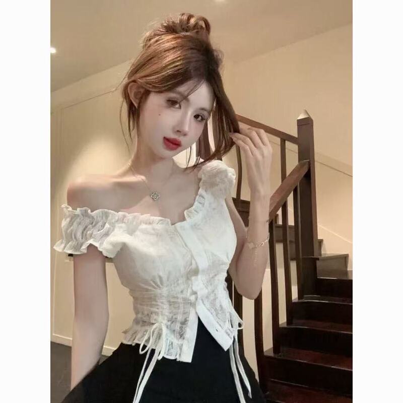 Pure Desire Style White Lace-Trimmed Chic Sleeveless Top for Women, Summer Off-Shoulder Two-Way Wear, Waist-Cinching Drawstring Blouse Pure Desire Style White Lace-Trimmed Chic Sleeveless Top for Women, Summer Off-Shoulder Two-Way Wear, Waist-Cinching Drawstring Blouse