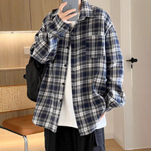 日系格子衬衫男长袖春季新款青少年潮流百搭宽松休闲工装衬衣外套