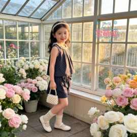 雪萌哒2026夏季法式木耳边藏青波点女童甜美套装亲子装儿童两件套