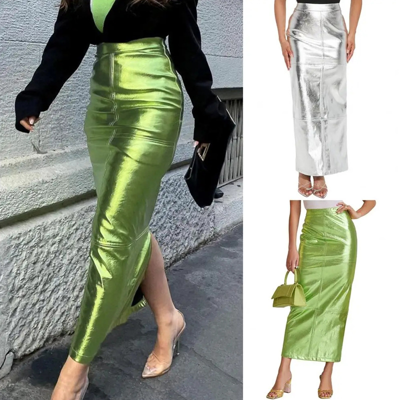 Foreign Trade Women's Patent Leather Skirt Autumn and Winter New Glossy Hip Skirt Amazon Bronzing High Waist Slit Skirt