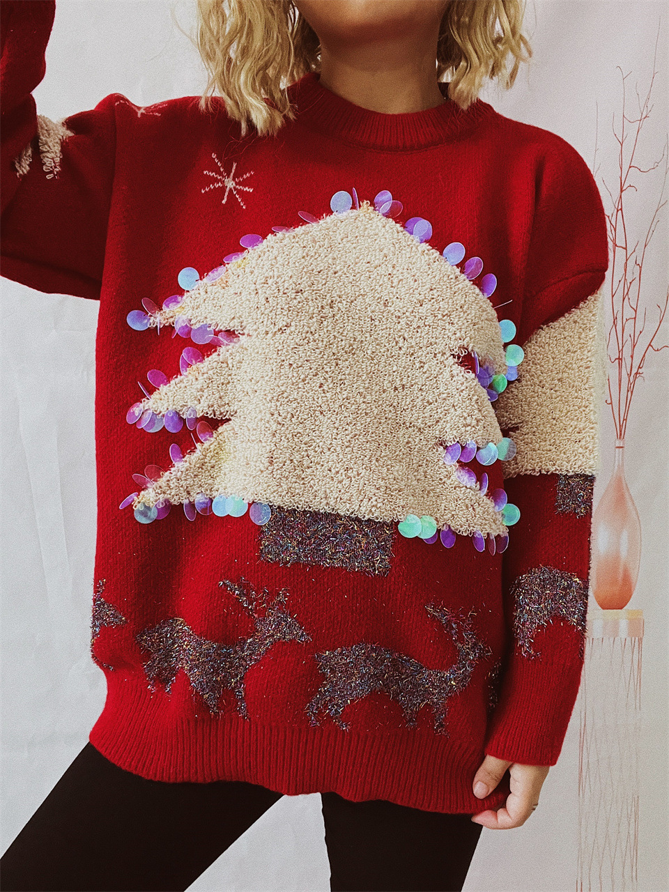 Women's Christmas Tree And Deer Sequined Pullover Sweater_voghion.com