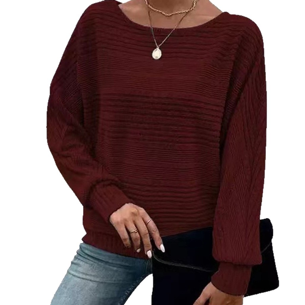 2025欧美跨境女装 亚马逊独立站秋冬新款坑条圆领蝙蝠袖上衣T恤女