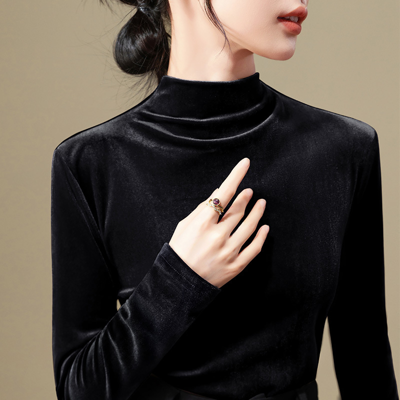 Camisa de fondo de terciopelo para las mujeres 2023 nuevas mujeres elegante medio cuello alto estilo occidental pequeña camisa cintura-apretado interior de manga larga