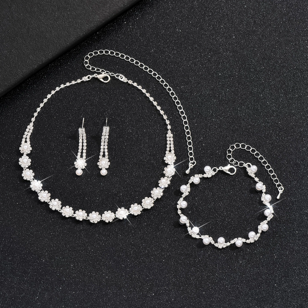 Fashionable silver accessory for bride, beads from pearl, necklace and earrings, bracelet, jewelry, set, Korean style