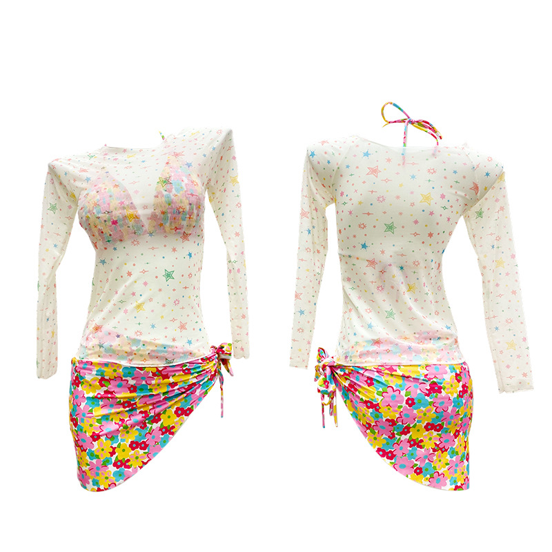 Traje de baño de verano bikini de tres piezas dividido floral para mujer, blusa de manga larga, protector solar, traje de baño de vacaciones de playa de viento puro