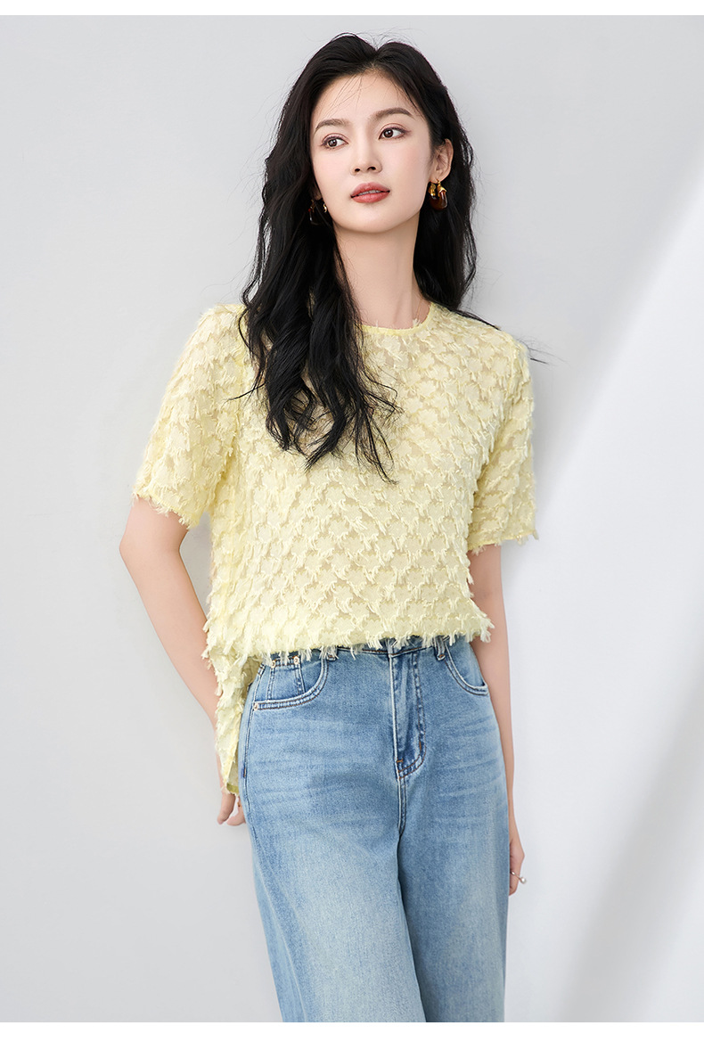 Áo thun lụa hoa cổ tròn thanh lịch đi làm mùa hè nữ phong cách rộng rãi — Màu đen chi tiết 14