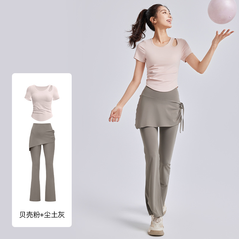 Juyitang Ropa de yoga hueca Camisa deportiva delgada de manga corta para mujer Traje de fitness de Pilates de entrenamiento para correr