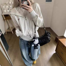 双拉炼美式连帽长袖厚棉T外套女秋季韩版2025新款显瘦短款气质上