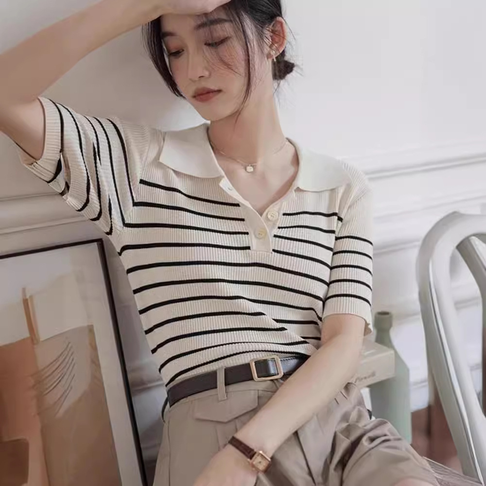 Slim-fit Shoulder Polo Collar Striped Knit Sweater Women's Summer High-end Ice Silk Short-sleeved T-shirt Lapp Thin Top