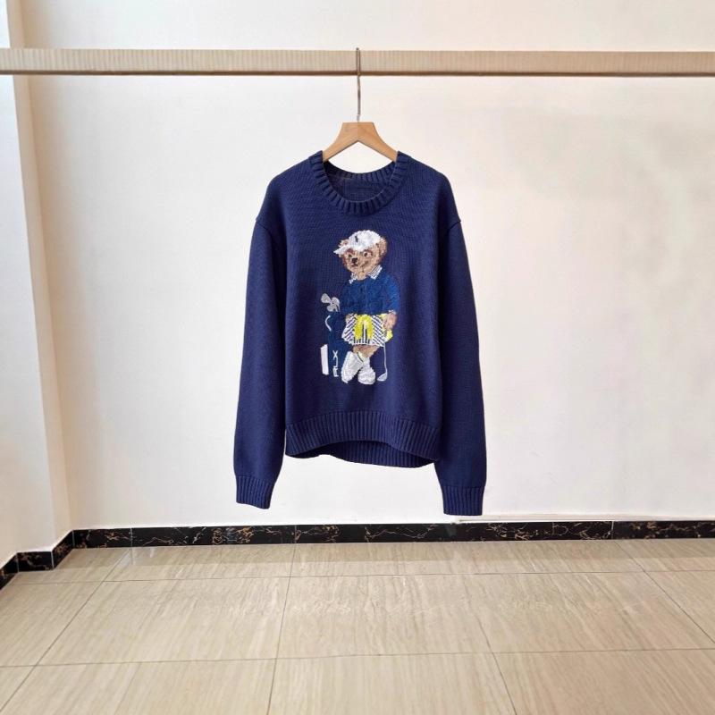 R~25 New Autumn and Winter Navy Blue Classic American-Style Bear Embroidery Crew Neck Knit Sweater, Unisex