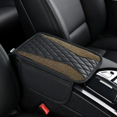 Pocket Car Central Leather Elbow — Armrest box pad - wing-rhinestones-golden-yellow