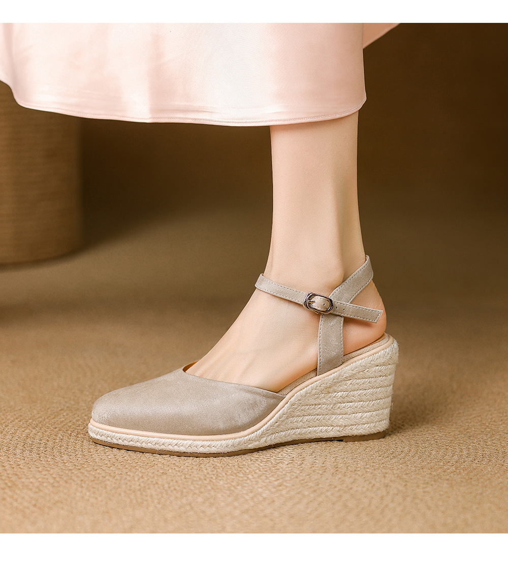 Sandal cao gót nữ phong cách Tân Trung Hoa, mũi kín quai ngang, đế xuồng bện rơm, gót 7 cm — xanh lá cây, màu mơ chi tiết 8