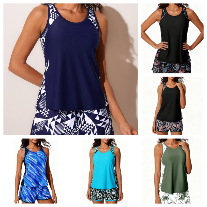 European and American New Solid Color Two-Piece Swimsuit Women's Slim Fit Printed Boyshorts Foreign Trade Tankini