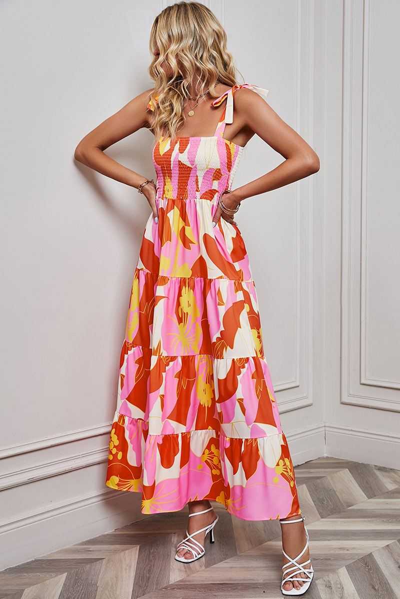282g Weight Maxi Long Dress Dress Length Type Wholesale Women'S Vacation Printing Backless Ditsy Floral Street Collarless Sleeveless