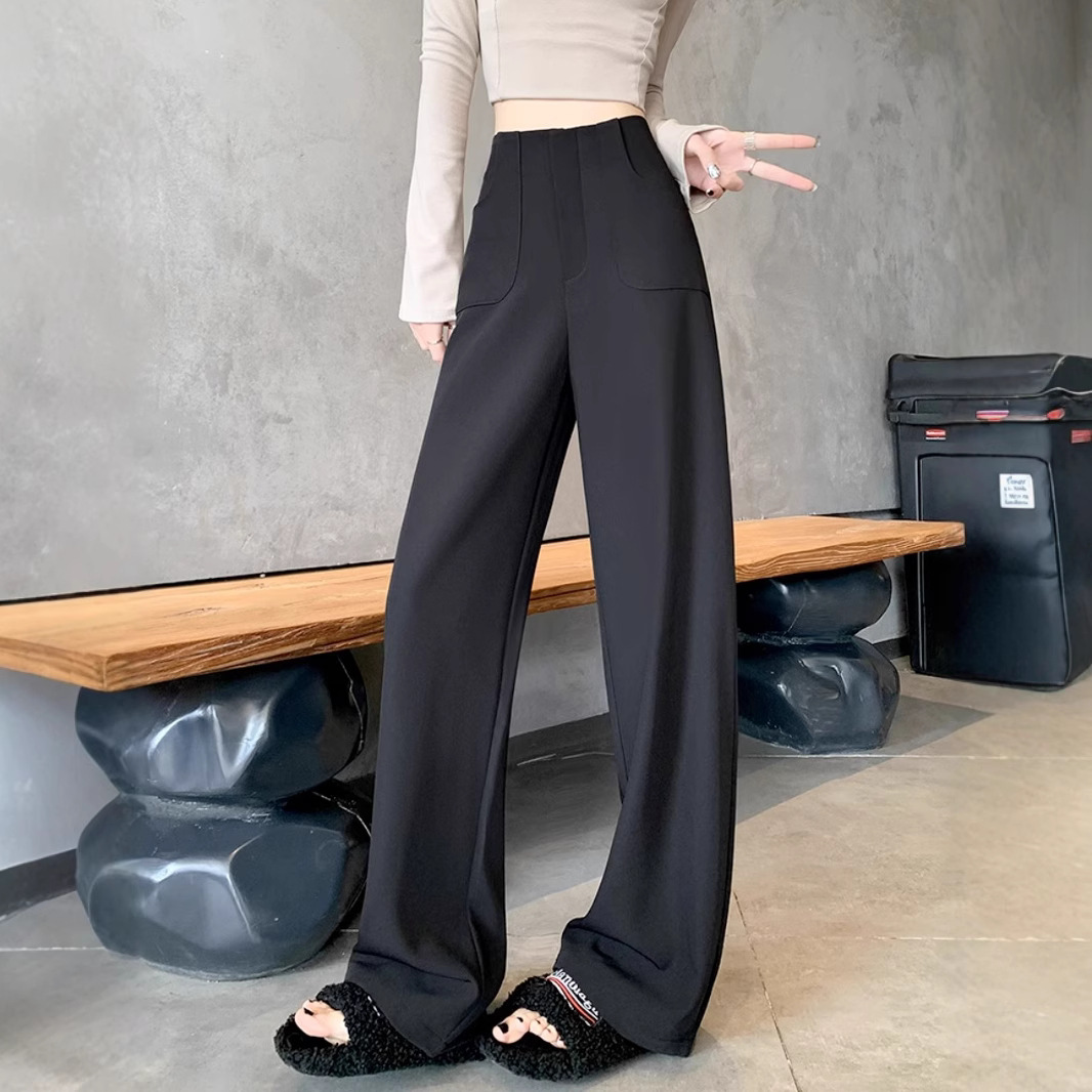 블랙 고급 여성 정장 바지 2026 봄 여름 신상 하이웨이스트 드레이프 캐주얼 롱 와이드 팬츠