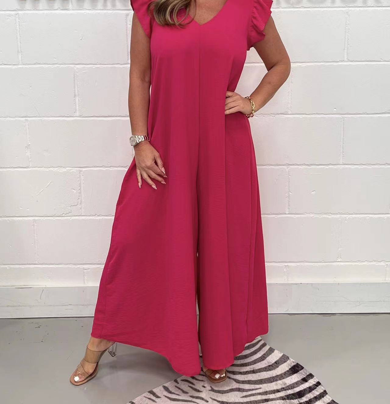 2023 verano nuevo Amazon Europa y América de las mujeres sueltas pantalones con volantes color sólido pierna ancha mono