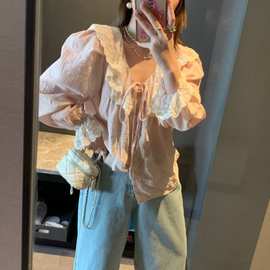 韩国东大门春装蕾丝边气质甜美衬衫V领系带减龄小衫春夏季衬衣