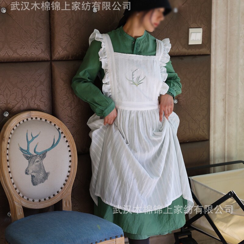 文芸純白刺繍ハスの葉のフリルの清新な田園の王女風エプロンの焙煎エプロンのフランス式レトロ|undefined