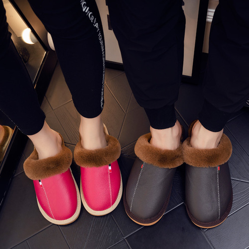 Haining Genuine Leather Slippers Home Women Winter Indoor Household Anti-Slip Fur Fleece Warm Cowhide Home Cotton Slippers Men