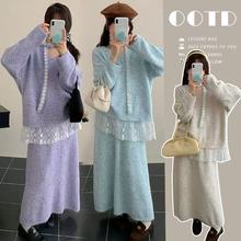 孕妇装秋冬新款韩版慵懒风蕾丝拼接毛衣可调节半身裙甜美显瘦套装