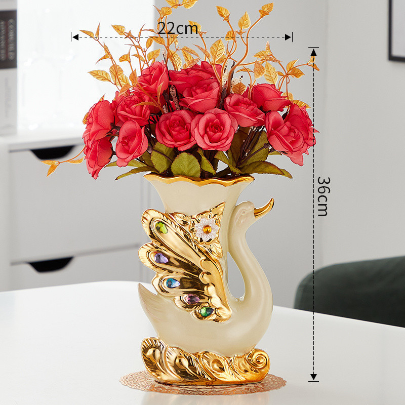 백조 꽃병 왼쪽 + 장미 빨간 장미