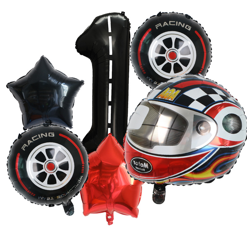 新款輪胎頭盔氣球18寸黑白格子圓形鋁膜氣球賽車主題派對裝飾氣球
