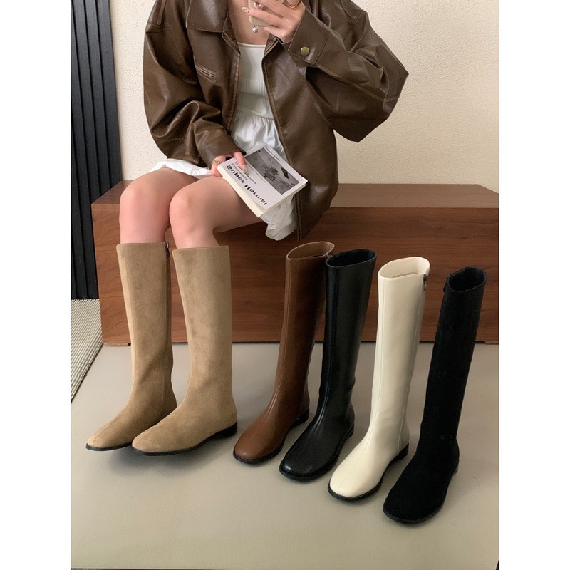 复古卡其色长筒靴女鞋2025秋冬新款不过膝圆头平底绒面高筒长靴女|undefined