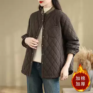 实拍2024冬季新款领口撞色文艺休闲菱形格纹立领棉服外套女宽松