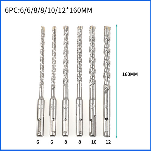 7pcs round handle cross electric hammer drill bit set 160mm electric hammer impact concrete wall drill bit with two pits and two slots