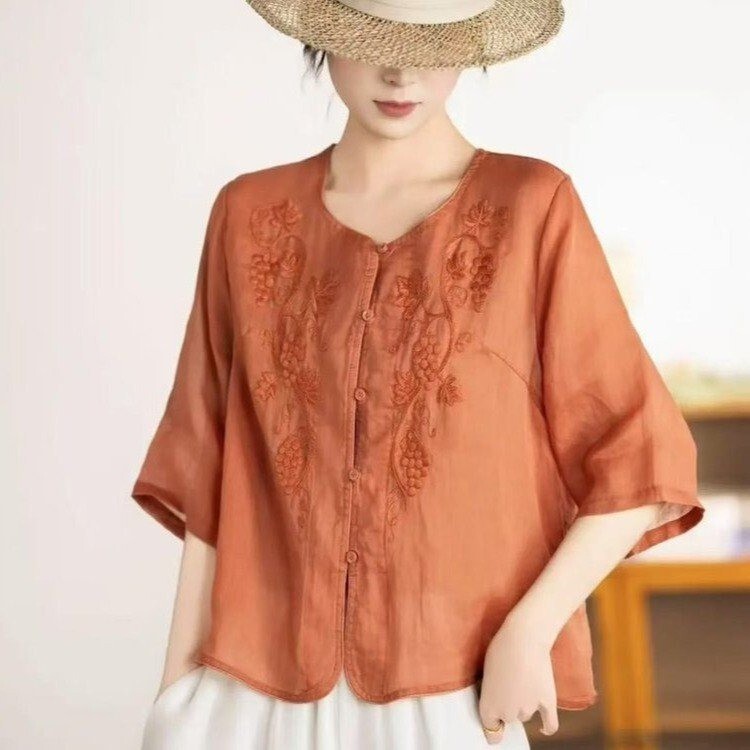 Chinese-Style Summer Thin Elegant Shirt for Women 2025 New Loose Fit, Flattering Five-Sleeve Top for Middle-Aged Moms