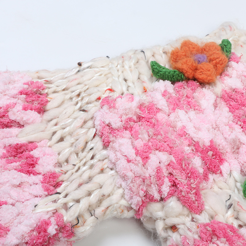 Women's Clothing retro sweater autumn and winter new women's clothing colorful handmade flowers long sleeve loose lazy knitted cardigan top_voghion.com