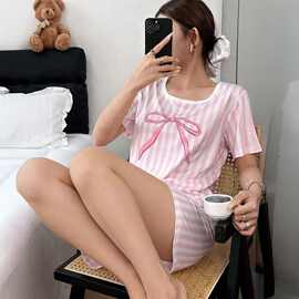 tutu蝴蝶结睡衣女士牛奶丝短袖短裤家居服套装胸垫透气跨境出口