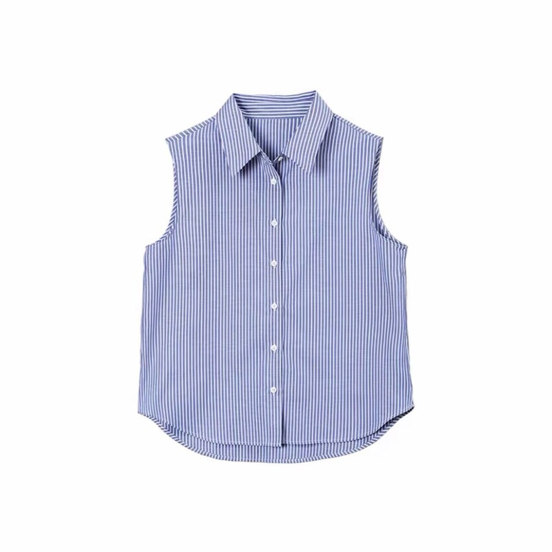 2026 autumn/winter thin, versatile striped sleeveless shirt, perfect for layering with a vest, featuring a collared design and a slimming effect 2026 autumn/winter thin, versatile striped sleeveless shirt, perfect for layering with a vest, featuring a collared design and a slimming effect