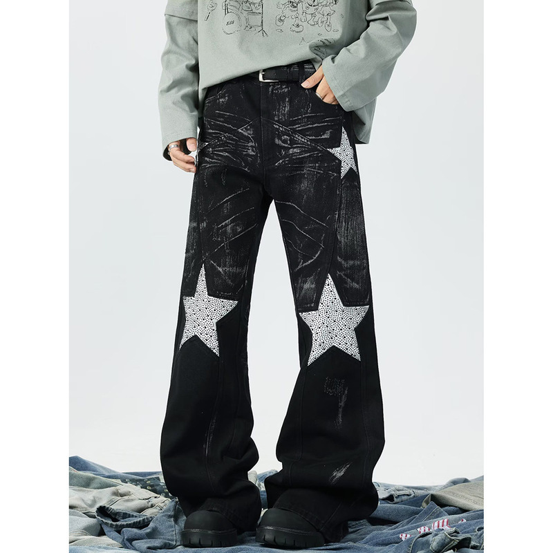 American High Street Washed Five-Pointed Star Diamond Bootcut Jeans for Men in Spring and Autum New Style Distressed Punk Wide-Leg Long Pants