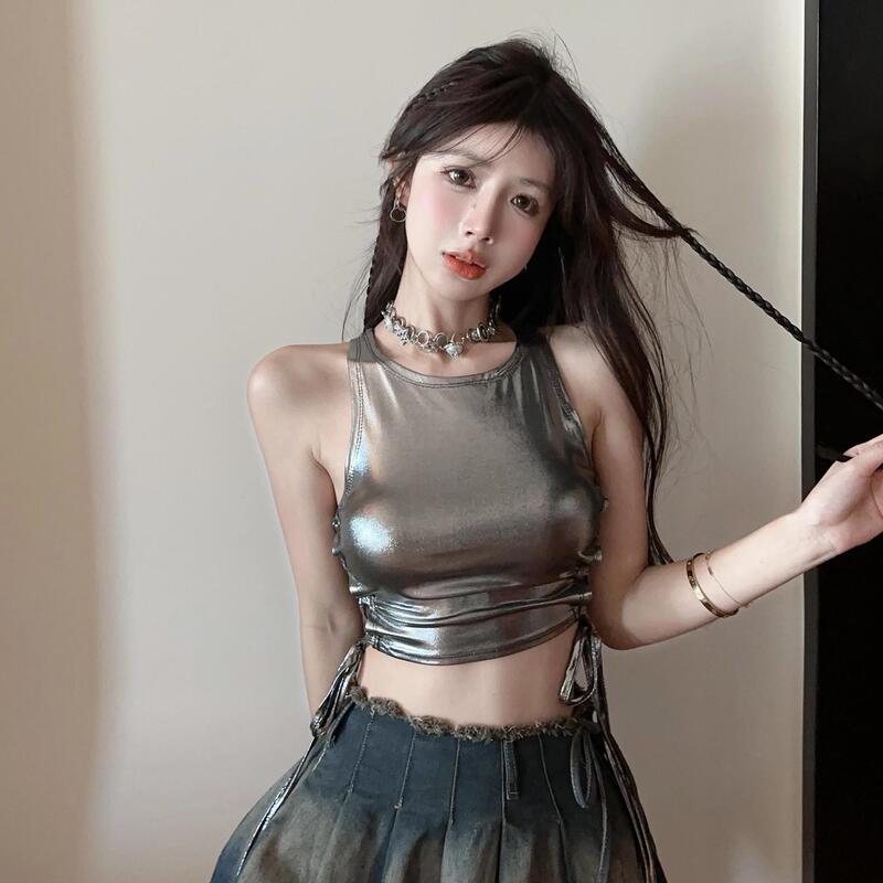 Careful outside wear hollow lace-up Korean version of the camisole women's pure wind hot girl short tube sleeveless top summer
