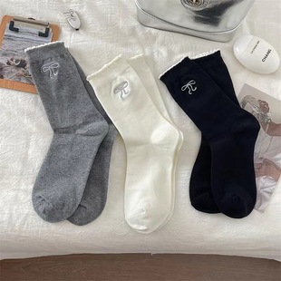 silver embroidery bow lace women's socks South Korea ins silver breathable cotton socks socks black and white gray women's socks