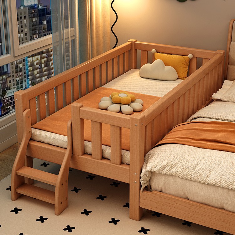 Beech Wood Children's Bed for Boys, Spliced Bed, Baby Crib, Widened to Become a Large Bed, Baby Bedside Bed, Solid Wood Bed with Guardrails