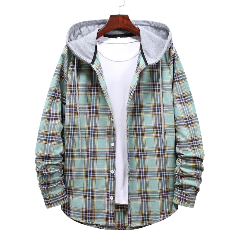 Camicia a maniche lunghe casual alla moda di grandi dimensioni con cappuccio scozzese allentato da uomo 2024_voghion.com