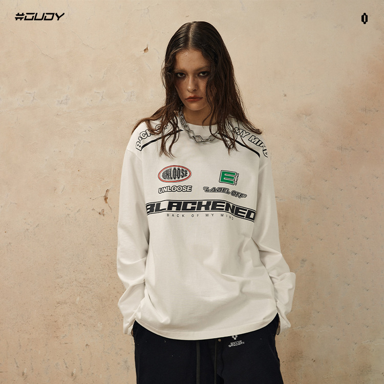 # OVDY Otoño Nueva marca de moda Americana original de los hombres y las mujeres de la misma motocicleta estilo impreso suelta cuello redondo manga larga moda