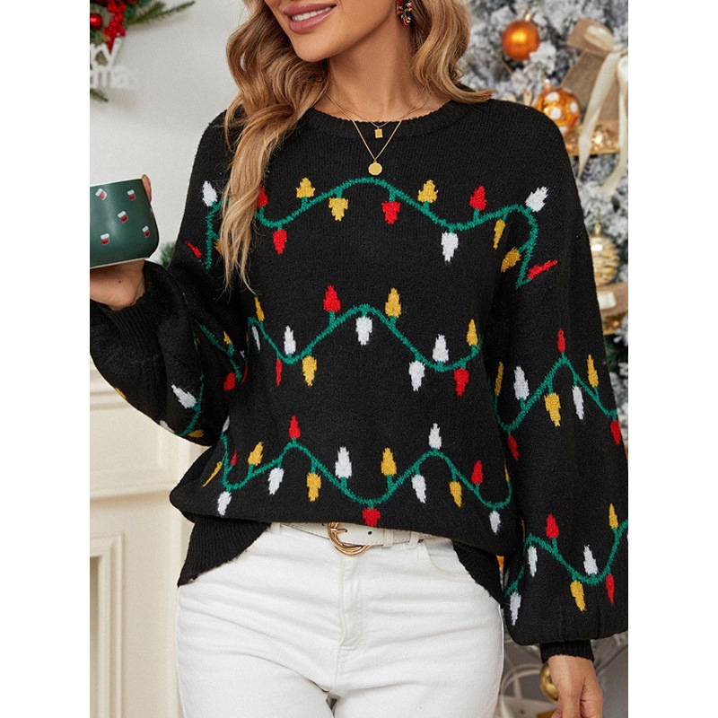 Christmas Sweater Cross-Border European and American Women's Clothing Amazon Hot-Selling Colorful Lights Sweet Pullover Loose Christmas Knitwear