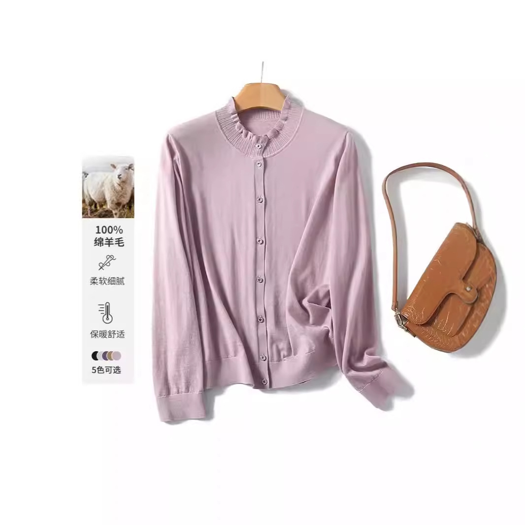 High-quality inner wear of princess spring and autumn wood earrings machine-washable sweater cardigan purple sweater women TN1909