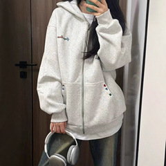 美式高街复古彩色刺绣连帽卫衣女秋2025新款潮牌小众情侣开衫外套