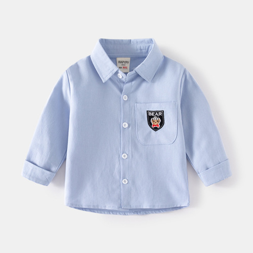 Children's Long Sleeve Shirt Wholesale  New Boys Casual Shirt Korean Style Baby Square Neck Embroidered Pocket Top