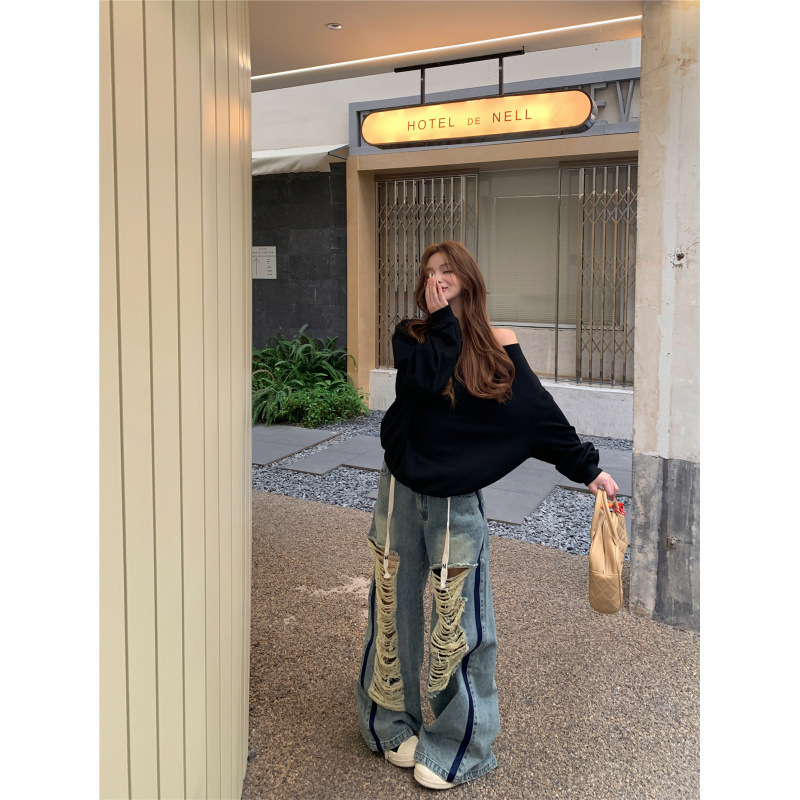 昕可达 黑色斜肩卫衣外套女秋季宽松设计感美式辣妹露肩长袖上衣|undefined