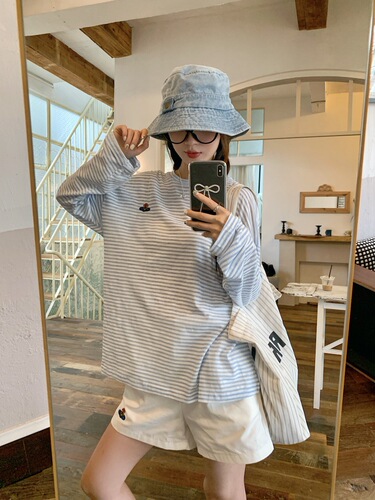 盐系休闲女装撞色条纹长袖T恤防晒罩衫夏季小众刺绣宽松薄款上衣